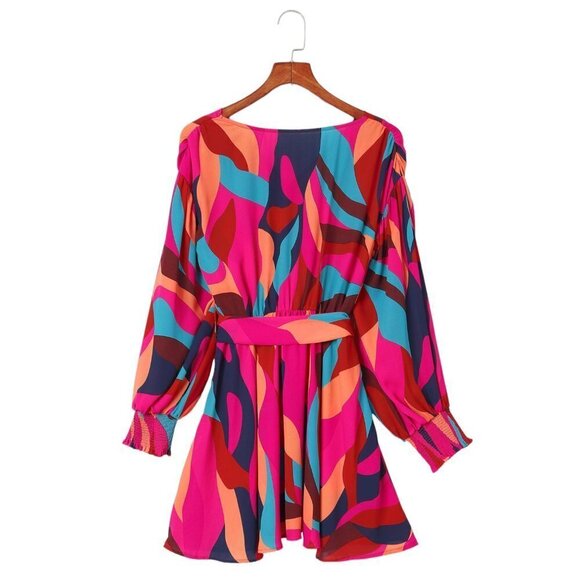 Red and Pink Print Belted Puff Sleeve Mini Dress - Picture 5 of 8